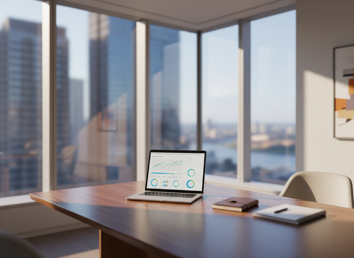 A sleek, modern corner office with a large, uncluttered walnut desk as the central subject, featuring an open silver laptop displaying a minimalist dashboard of charts and timelines. The desk sits near floor-to-ceiling windows overlooking a softly blurred city skyline. Early morning natural light pours in, creating gentle reflections on the laptop’s metallic surface and subtle shadows along neatly stacked strategic documents and a closed leather notebook. The mood is focused and aspirational, suggesting clear direction and disciplined execution. Photographic realism with a clean, professional aesthetic, captured from a slightly elevated angle with a shallow depth of field, keeping the desk and laptop in crisp focus while the background fades into a soft bokeh of urban forms and muted blues and greys.