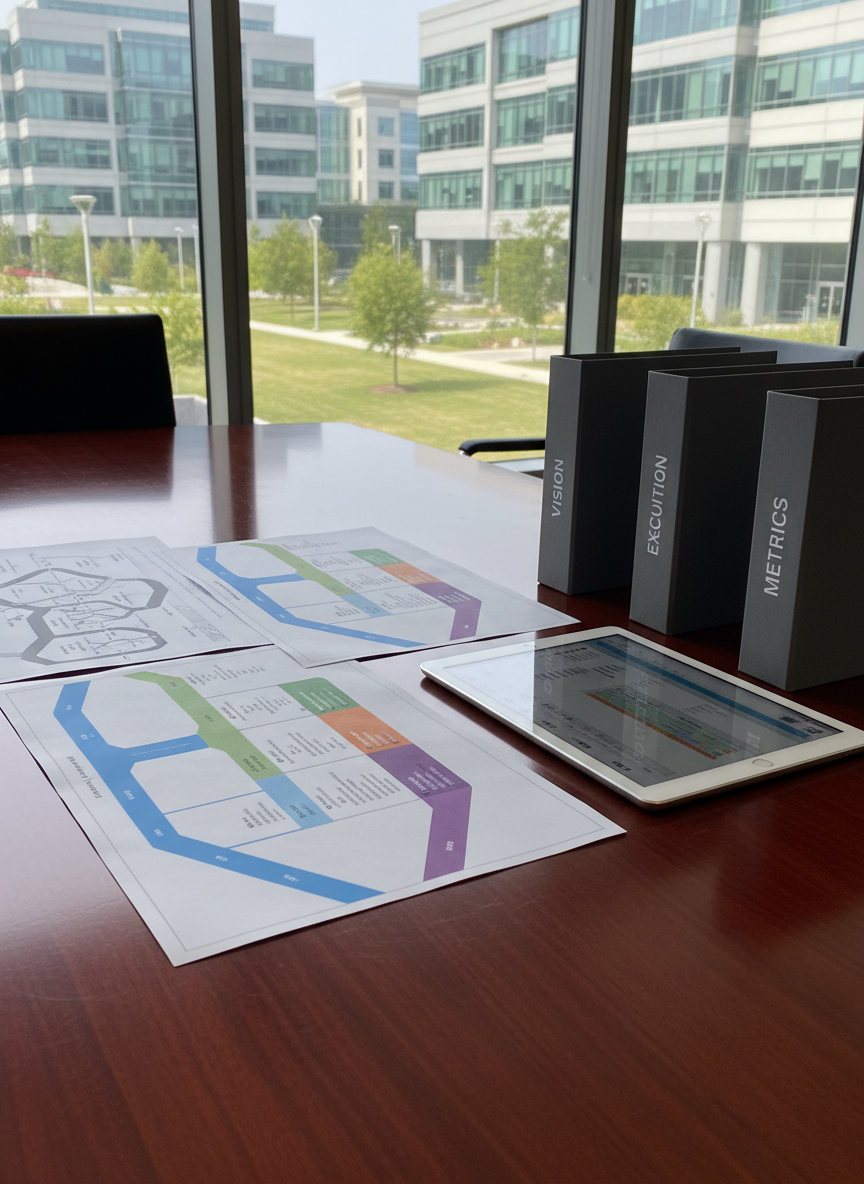 A detailed close-up of a polished wooden conference table with a meticulously arranged strategy session setup: printed roadmaps with color-coded milestones, a slim digital tablet displaying a Gantt chart, and three distinct, labeled folders titled “Vision,” “Execution,” and “Metrics.” The table sits in a glass-walled meeting room overlooking a modern corporate campus, softly blurred in the background. Diffused afternoon light filters through the glass, creating balanced, even illumination without harsh shadows. The atmosphere is methodical and purposeful, emphasizing structured thinking and operational rigor. Photographic realism with a clean, contemporary feel, shot at eye level along the table’s surface to create depth, drawing the viewer’s eye from the foreground documents into the distance, suggesting long-term planning and scalable growth.