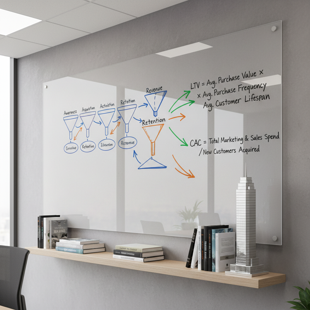 A minimalist, well-lit startup war room corner featuring a large glass board mounted on a matte grey wall, covered with neatly drawn funnels, unit economics formulas, and color-coded arrows showing feedback loops. On a nearby floating shelf, a small collection of carefully arranged business books and a single, understated scale model of a modern office building suggest growth and scale. Natural daylight from an unseen side window combines with soft ceiling lighting, creating a bright, even illumination that enhances legibility of the diagrams. The mood is energetic yet disciplined, reflecting thoughtful experimentation rather than chaos. Photographic realism with a clean, professional aesthetic, captured from a three-quarter angle to show both the depth of the room and the full content of the board, with slight background blur to keep emphasis on the strategic models.