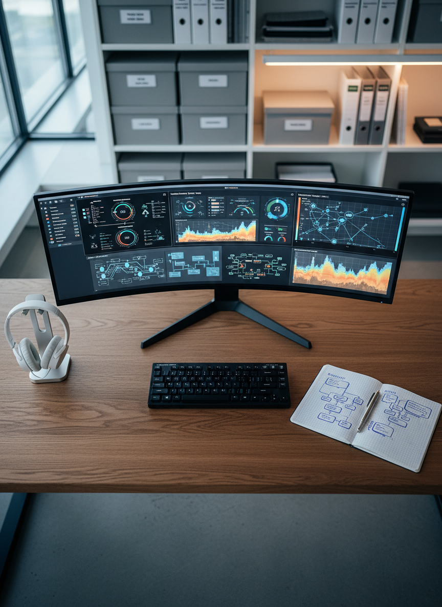 An overhead photographic view of a meticulously organized operations command desk featuring a large ultra-wide monitor displaying a multi-panel dashboard of KPIs, operations workflows, and heat maps. Surrounding the monitor are a slim mechanical keyboard, a precision-engineered metal pen resting on a gridded notebook filled with neat process diagrams, and a discreet wireless headset docked on a stand. The desk surface is a smooth, dark oak with a subtle grain, set against a softly blurred background of shelving with labeled storage boxes and binders. Cool, balanced daylight from a nearby window mixes with soft white task lighting, creating crisp highlights and minimal shadows. The atmosphere is analytical and efficient, with a clean, modern photographic style, captured top-down to emphasize structure, systems thinking, and control.