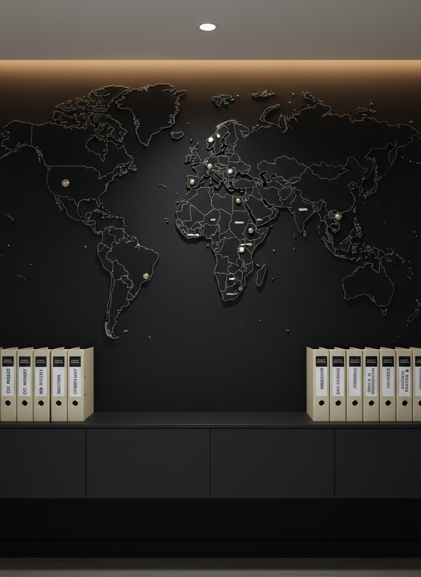 A high-end, matte-black world map wall installation in a modern workspace, with raised metallic outlines highlighting major GCC and Indian cities as discrete, polished nodes. Beneath the map, a long, minimalist console displays neatly aligned briefing binders labeled with regional markets and industries. Soft, warm wall wash lighting from concealed LED strips emphasizes the texture of the map and casts delicate shadows along the raised borders. The mood is strategic and globally oriented, hinting at cross-border leadership and expansion. Photographic realism with a sophisticated, corporate aesthetic, framed straight-on with symmetrical composition to emphasize clarity and order, while the shallow depth of field keeps the map’s central region sharp and the console elements subtly softened.